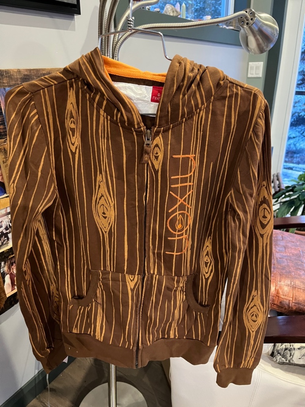Nixon Vintage Brown Woodgrain Zip Hoodie with Orange Accents